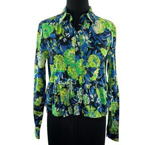 MSGM Milano Blouse Green Floral Cotton Collared Pleated Button Up Size 40 ITALY